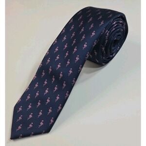 BAR III Necktie Tie NavyW/ Pink Flamingos Woven Silk blend SLIM